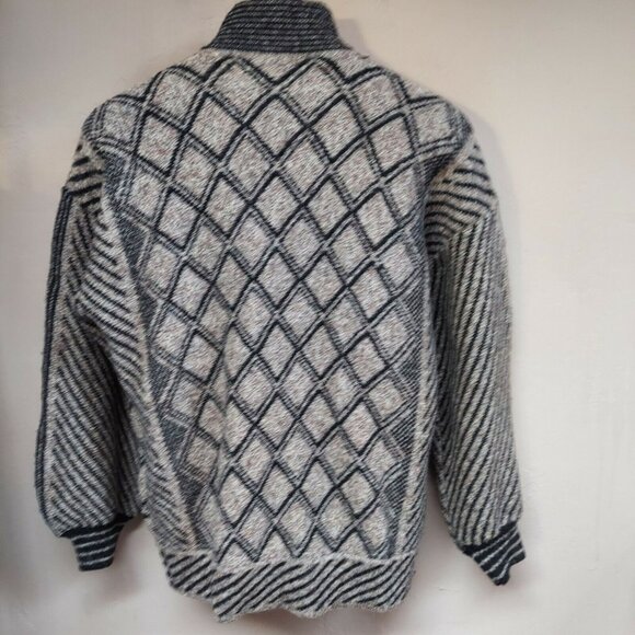 Womens Cardigan Sweater Shetland Wool Balloon Sleeve Medium Gray Mixed Print - Picture 2 of 9